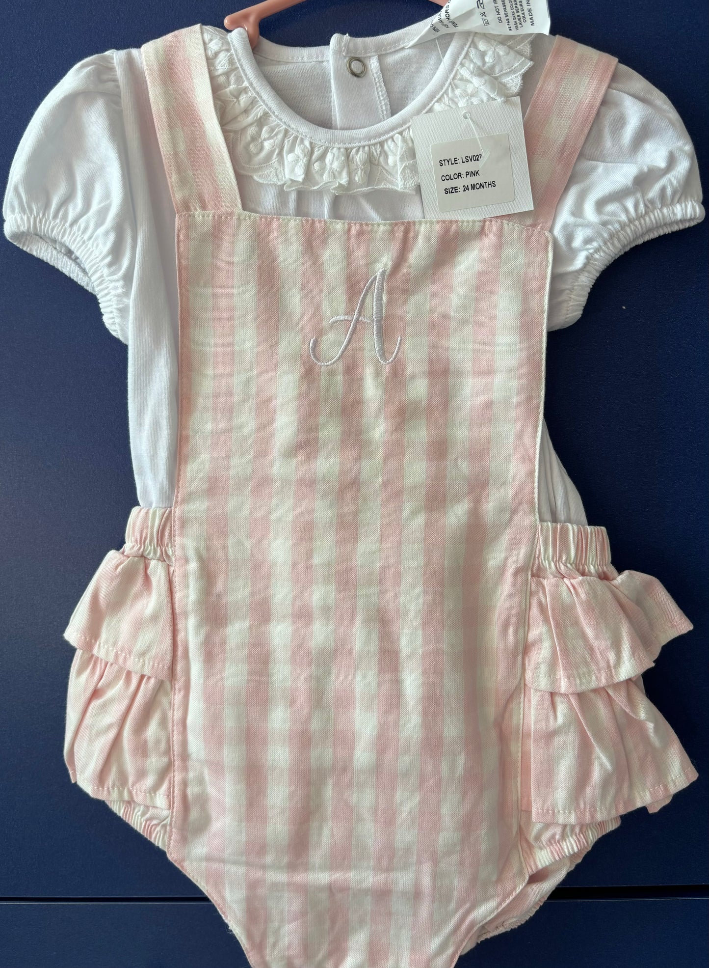 Pink Check Embroidered ‘A’ Frill Bum Romper